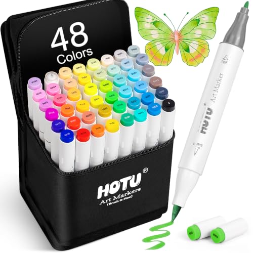 HOTU 48 Alcohol Markers Brush & Fine Dual Tip Set with Case for Artists | Perfect for Adult Coloring Books, Illustration | Beginner-Friendly | Anti-Bleeding Pad Included | CPC Certified