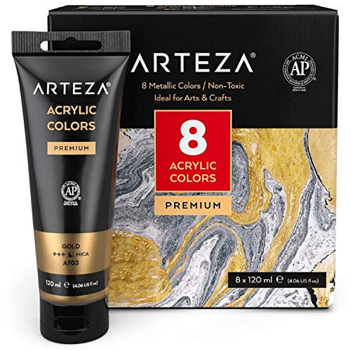 ARTEZA Metallic Acrylic Paint, 8 Metallic Colors in 4.06 ounce Tubes, Artist Paints for Hobby Painters, Art Supplies for Canvas Painting - style: 8 x 120ml (4.06 fl oz) Metallic