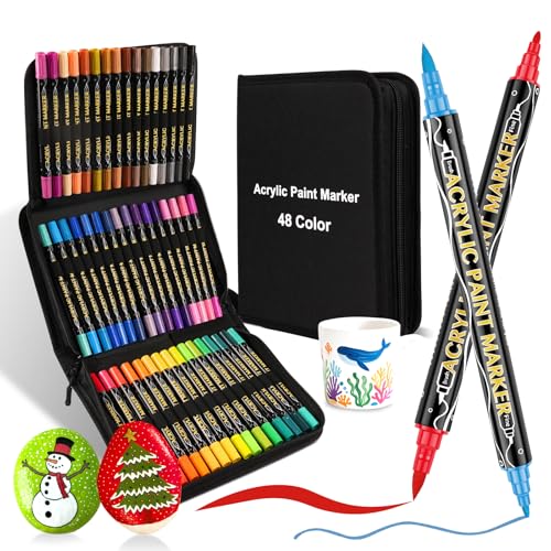 colpart 48 Colors Acrylic Paint Markers,Dual Tip Acrylic Paint Pens,Includes 12 Metallic Brush Tip Markers For Rock Painting, Christmas Decorations,Plastic,Easter Deco,Pumpkin,Canvas And DIY Crafts - style: Chisel