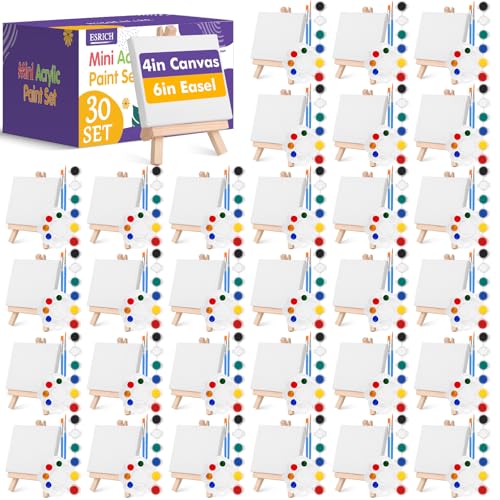 ESRICH 30 Pack Mini Acrylic Paint Kit,Canvas Painting Kit,4in Stretched Canva with 6in Easel,Acrylic Paint Strips,Palettes,Painting Brushes,Canva and Easel Set for Kids Artists Beginner,Gift - size: 30 set 4 x 4 inches