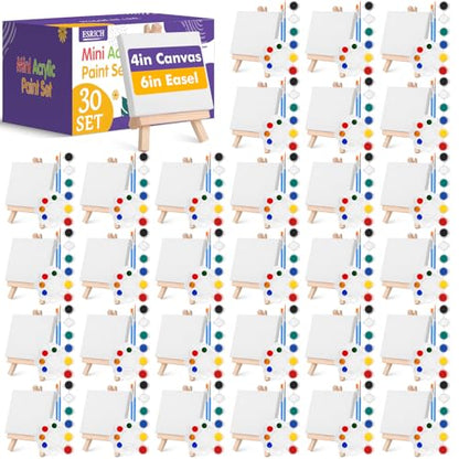 ESRICH 30 Pack Mini Acrylic Paint Kit,Canvas Painting Kit,4in Stretched Canva with 6in Easel,Acrylic Paint Strips,Palettes,Painting Brushes,Canva and Easel Set for Kids Artists Beginner,Gift - size: 30 set 4 x 4 inches