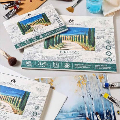 Magnani 1404 Firenze 100% Cotton Acrylic Paint Paper Pad, 12x16 188 lb. 15 Heavyweight Sheets, Rough Texture, Vegan Sizing, Natural White Acrylic Paper Pad for Acrylic, Gouache, Ink & Watercolor - size: 12x16"