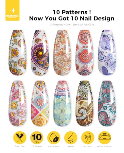 BURANO Nail Art Nail Foil Glue Gel, o.5 oz with 10PCS Foil Stickers Set Nail Foil Glue for Nails Foil Transfer Gel, Nail Design DIY UV LED Lamp Required (Popular Foil 12) - color: Popular Foil 12