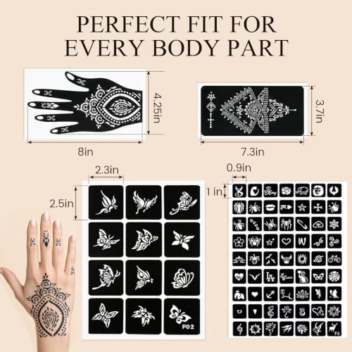 Koogel 18 Sheets Henna Tattoo Stencils, Temporary Flower Patterns Glitter Airbrush Tattoo Kits Arabian Stickers for Women and Girls Face Hand Paint Body Art - color: Black2