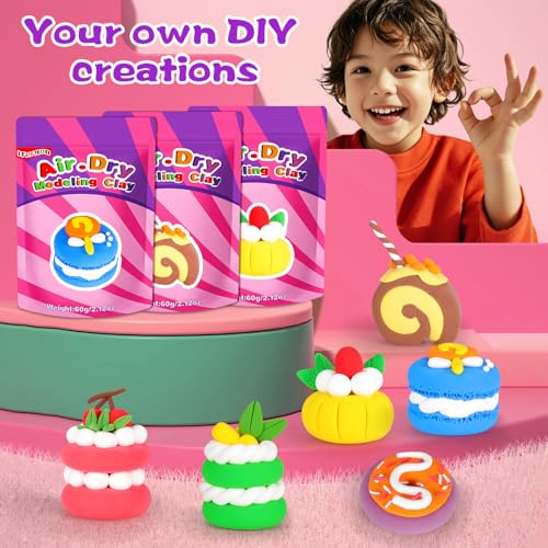 ifergoo Air Dry Clay Kit for Kids - Cakes Modeling Clay, Includes 6 Dessert Designs and Display Stand, DIY Art & Crafts School Projects, Home Party Kids Toys, Holidays Gifts for Age 3-12 Girls & Boys - color: Cakes Kit