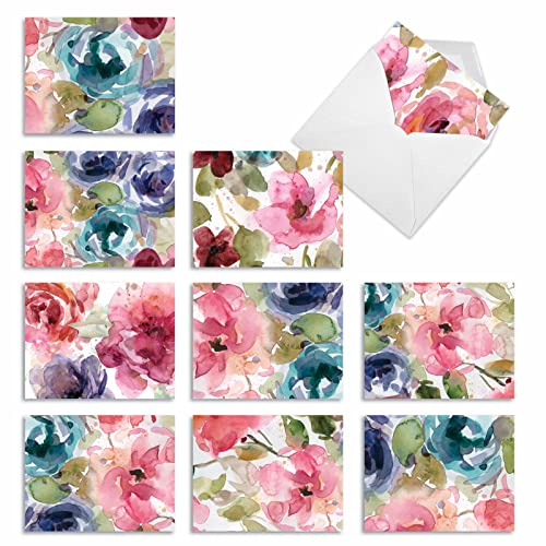 The Best Card Company - 10 Boxed Note Cards with Flowers - Blank Assorted Floral Notecards Bulk (4 x 5.12 Inch) - Lush Blooms M6591OCB - style: Lush Blooms