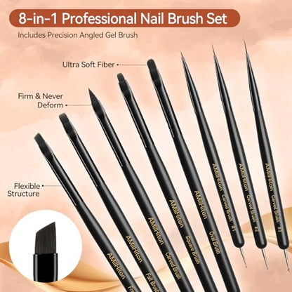 8PCS Nail Art Brush Set for Gel & Acrylic – French Tip, Flat, Oval & Carved Liner Brushes with Dotting Tools, Professional Builder Poly Gel Nail Design Kit - color: Black Wod 8PCS