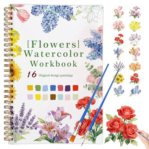 Watercolor Workbook, 16 Pages Watercolor Paper Spiral Bound Coloring Book, 12 Colors Watercolor Paint Set, Beginner Friendly Travel Watercolor Set, Watercolor Workbook for Adults and Kids(Flowers) - color: flower