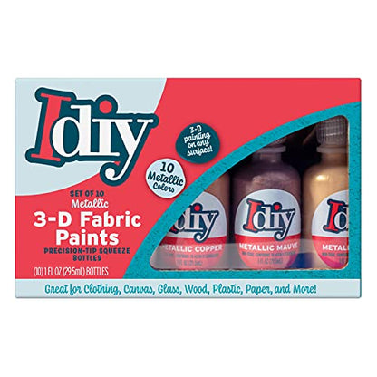 Metallic Fabric Paint Set- 10 Colors Permanent 3D Fabric Paint for Clothes, Canvas, Wood & Rock Painting - Non Toxic & Washable for Kids Arts & Crafts, Summer Camp Activities & DIY Projects - color: Metallic