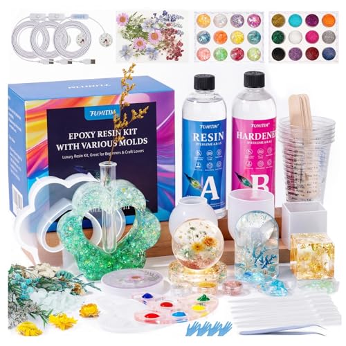 Epoxy Resin Kit with Light for Beginners, 34OZ Epoxy Kit with Dried Flowers, Measuring Cups and Resins Supplies, Resin Kit and Molds Complete Set DIY Crafts for Adults, Epoxy Set with Vase Mold - size: 34oz