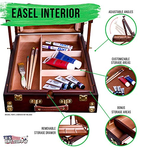 U.S. Art Supply Large Walnut French Easel, Adjustable Plein Air Easels, Beechwood Sketchbox Tripod for Field & Studio Painting Easel for Adults, Drawing, Display - Portable with Drawer & Palette