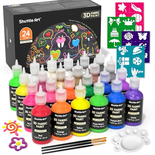 Shuttle Art Fabric Paint, 24 Colors 3D Permanent Paint with Brushes Palette Pen Fabric Sheet Stencils, Glow in The Dark, Glitter, Metallic Colors for Textile Fabric T-shirt Jeans Glass - color: 24 Colors