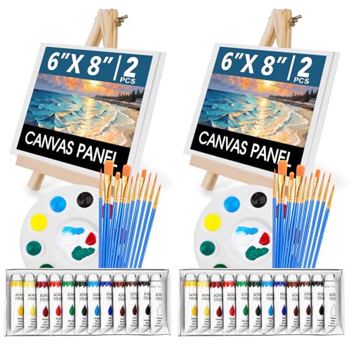 ESRICH 52PCS Acrylic Paint Canvas Set, Acrylic Painting Kit with 2 Set of 12 Colors Acrylics Paint,Paint Brushes,Canvas, Wooden Easels, Art Plates, Art Painting Supplies for Kids Adults Beginners - color: 24