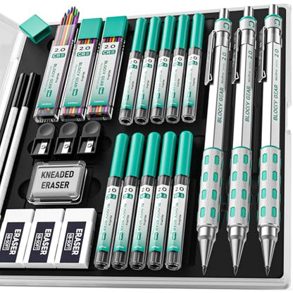 Nicpro 3 Pack Blocky Gear 2.0 mm Metal Mechanical Pencils Set with Case, Drafting Pencil with 13 Tubes 2mm Lead Refills (HB 2B 2H 4B 4H 6B & Colors), Erasers for Carpenter Writing Drawing - style: 2.0mm