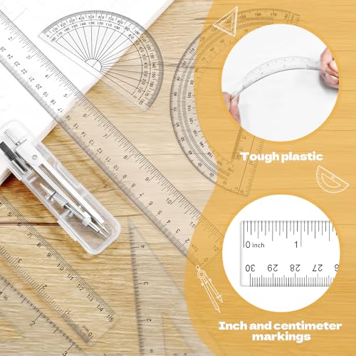 Geometry Set - 7Pcs Geometry Kit with Clear Plastic Ruler 12Inch & 6Inch, Triangle Ruler, Protractor and Compass Set for School Office Math Drawing Drafting Engineering Architecture Art