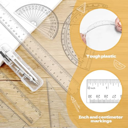 Geometry Set - 7Pcs Geometry Kit with Clear Plastic Ruler 12Inch & 6Inch, Triangle Ruler, Protractor and Compass Set for School Office Math Drawing Drafting Engineering Architecture Art