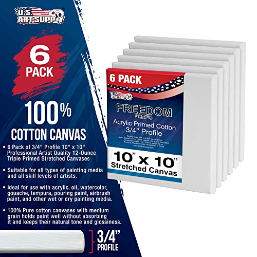 U.S. Art Supply 10 x 10 inch Stretched Canvas for Painting, 12oz Triple Primed, 6-Pack - Professional Artist Quality White Blank 3/4" Profile, 100% Cotton, Heavy-Weight Gesso - Acrylic Pouring, Oil - size: 10" x 10"