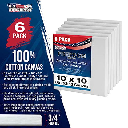 U.S. Art Supply 10 x 10 inch Stretched Canvas for Painting, 12oz Triple Primed, 6-Pack - Professional Artist Quality White Blank 3/4" Profile, 100% Cotton, Heavy-Weight Gesso - Acrylic Pouring, Oil - size: 10" x 10"
