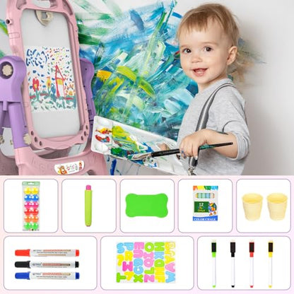 Kids Art Easel, Adjustable Drawing Whiteboard & Chalk Board, Double Sided Toddler Easel with Painting Accessories, Birthday Gift Toy for Little Girls Boy Age 2 3 4 5 (Pink) - color: Pink