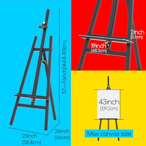 MEEDEN Heavy Duty Easel Black: Wood Art Easel for Painting and Display, Adjustable Angle and Height 57" to 76" H, Holds Canvas up to 43",Holds 22 lbs