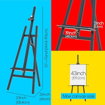 MEEDEN Heavy Duty Easel Black: Wood Art Easel for Painting and Display, Adjustable Angle and Height 57" to 76" H, Holds Canvas up to 43",Holds 22 lbs