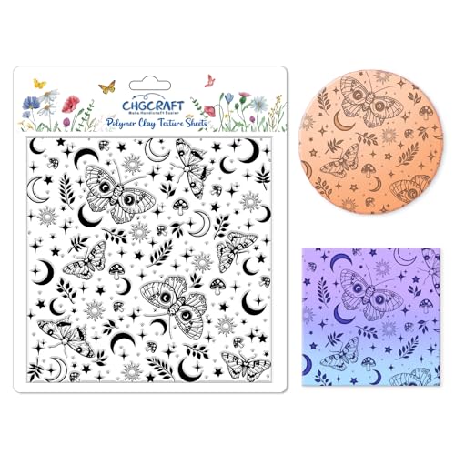 CHGCRAFT Moth Divination Pattern Polymer Clay Texture Sheet Moon Leaves and Stars Silicone Clay Texture Mat for Polymer Clay Making Earrings Jewelry DIY Crafts 5.5 × 5.5 in - style: Moth Divination
