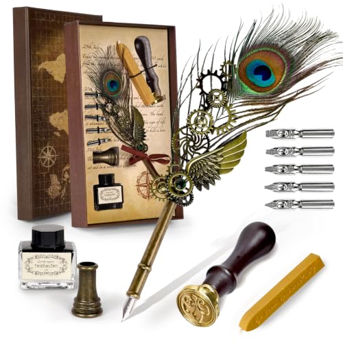 Joyeee Peacock Feather Pen and Ink Set, with Antique Elegant Vintage Style Green Quill, Black Ink, Calligraphy Nibs, Wax Seal Stamp Kit Gift Box for Writing, Letters, Diary, Signing, Invitation - color: Green Peacock Quill Pen Set