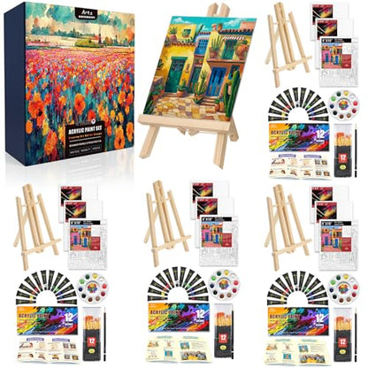 4 Pack Painting Set for Couples or Family Groups, 124 PCS Paint Set with 4 Table Easels,48 Acrylic Paints,12 Pre-Drawn & Blank Canvases for Painting,48 Brushes,4 Pencils,4 Palettes and Painting Guides