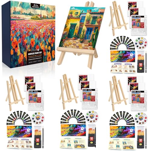 4 Pack Painting Set for Couples or Family Groups, 124 PCS Paint Set with 4 Table Easels,48 Acrylic Paints,12 Pre-Drawn & Blank Canvases for Painting,48 Brushes,4 Pencils,4 Palettes and Painting Guides