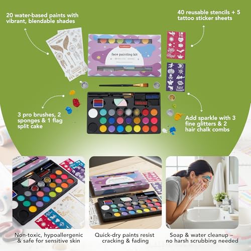 Incraftables Non-Toxic Water-Based Face Paint Kit – 24 Colors with Brushes, Stencils & Glitter for DIY Art, Cosplay, Festivals & Creative Projects - style: Face Painting Kit
