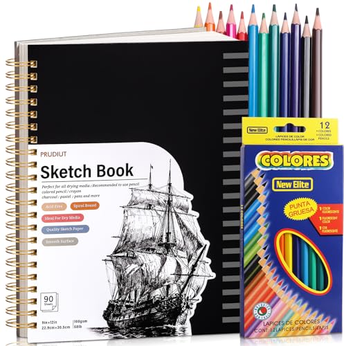 Sketch Book with 12 Color Pencil Set, 90 Sheets Spiral Sketchbook for Drawing (68lb/100gsm), Acid-Free Sketch Pad, Art Paper Drawing Supplies for Artist Gifts Christmas(9×12 inch) - color: Black, size: 9×12 Inch (1 Pack)