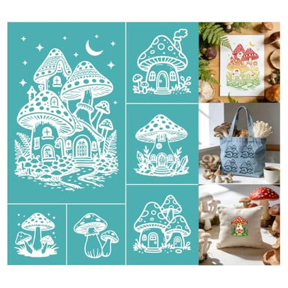 2 Pcs Mushroom Silk Screen Stencil, Whimsical Mushroom Self-Adhesive Reusable Silk Screen Printing Stencils Templates for Painting on Wood, T-Shirt, Fabric, Wall, Home Craft Decor - style: Mushrooms