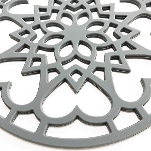 3 Set Silicone Trivet Mats with 1 Extra Large Included | Intricately Carved Insulated Flexible Durable Non Slip Thick Round Premium Trivets for Hot pots and Pans | Gray - color: Gray