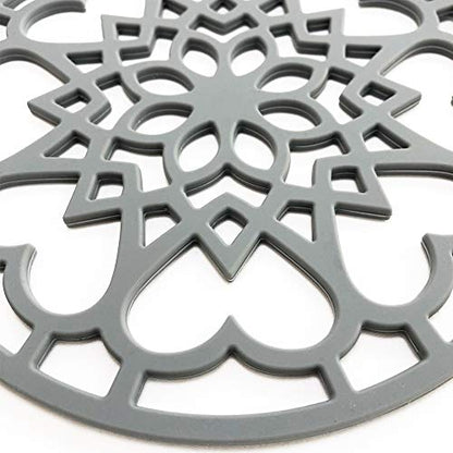 3 Set Silicone Trivet Mats with 1 Extra Large Included | Intricately Carved Insulated Flexible Durable Non Slip Thick Round Premium Trivets for Hot pots and Pans | Gray - color: Gray