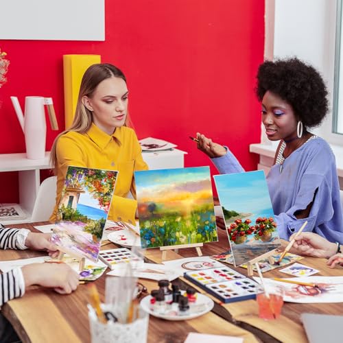 MotiMind 36 Pcs Mini Canvas and Easel Set for Painting, 8 x 8 Inch Canvas Panels with 8 Inch Wooden Easels for Oil Acrylic Painting Christmas Birthday Valentine's Mother's Day Art Crafts Party Favors - size: 8 x 8 Inch
