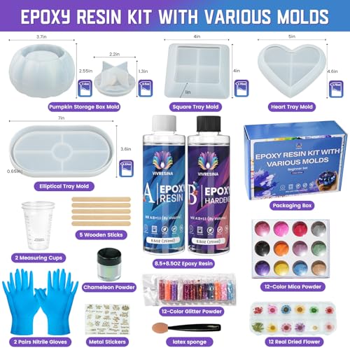 Vivresina Epoxy Resin Kit with Molds for Beginners -17 oz Super Clear Epoxy Resin Complete Kit Include Mica Powders, Glitters, Dried Flowers and Other Resin Supplies, for Adults Crafts Kits,DIY Gift