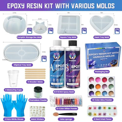 Vivresina Epoxy Resin Kit with Molds for Beginners -17 oz Super Clear Epoxy Resin Complete Kit Include Mica Powders, Glitters, Dried Flowers and Other Resin Supplies, for Adults Crafts Kits,DIY Gift