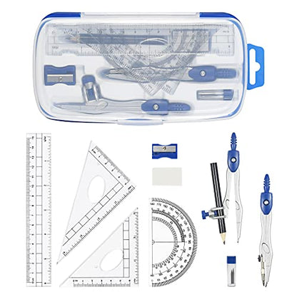 Vobou Math Geometry Kit Sets 10 Piece Student Supplies with Shatterproof Storage Box,Includes Rulers,Protractor,Compass,Eraser,Pencil Sharpener,Lead Refills,Pencil,for Drafting（Navy Blue） - color: Navy Blue