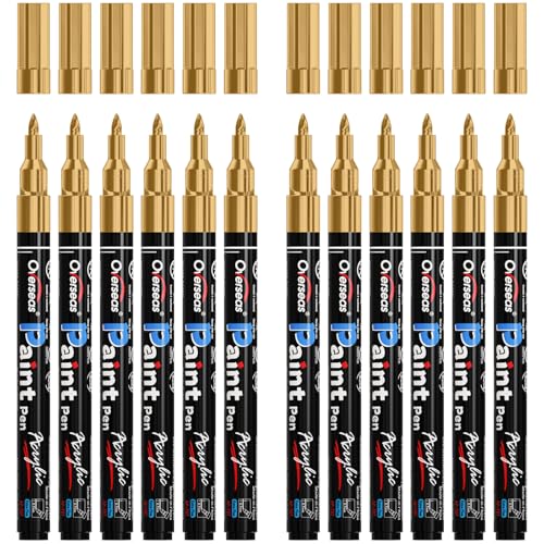 Overseas Paint Markers Pens - Gold Permanent Markers Acrylic Paint Pens 12 Pack, Water Based, Waterproof, 0.7mm Extra Fine Tip Acrylic Marker for Wood, Metal, Rock, Plastic, Glass, Canvas, Fabric - color: Gold