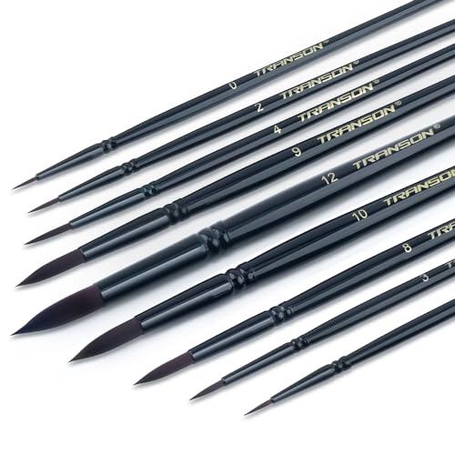 Transon Round Paint Brush Set 9pcs Synthetic Sable Hair for Acrylic Painting Watercolor Painting Gouache Ink Craft and Detail Painting Black Color - size: 9PCS Synthetic Sable Black