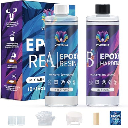 Vivresina Epoxy Resin Kit 32 OZ, Resina Epoxica for Crafts | Crystal Clear Bubble Free Art Resin, No Yellowing Self-Leveling Food Safe for DIY Jewelry Making, Casting, Molds Mix 1:1 - size: 32 OZ