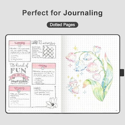 AHGXG Dotted Journal Notebook, 160 Numbered Pages, A5 Medium Size (5.7'' x 8.3''), 120 GSM Thick Paper, Leather Hardcover, for Journaling, Planning, Tracking (Black) - color: Black, style: Dotted