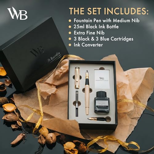 Wordsworth & Black Fountain Pen Set, Luxury Bamboo Wood - Medium Nib, Extra Fine Nib, Gift Case; 25ML Black Ink Bottle, 6 Ink Cartridges, Refill Converter - Calligraphy, Writing [Maple Wood] - color: Maple Wood