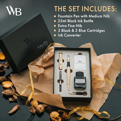 Wordsworth & Black Fountain Pen Set, Luxury Bamboo Wood - Medium Nib, Extra Fine Nib, Gift Case; 25ML Black Ink Bottle, 6 Ink Cartridges, Refill Converter - Calligraphy, Writing [Maple Wood] - color: Maple Wood