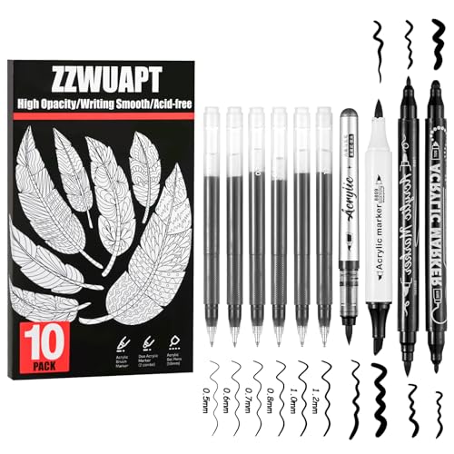 Black Pens Set,10 Pack Acrylic Ink Pens, Fine Point Paint Gel Pen,Brush Tip Acrylic Markers for Black Paper Drawing, Sketching, Illustration, Card Making, Bullet Journaling - color: Black