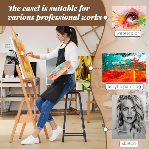 H Frame Easel with Drawer, French Style Artist Easel Solid Beech Wood Adjustable Height 59" to 75" Painting Canvas Holder Stand Tilts Flat Easels for Oil Painting Studio Classroom Adult Kids Wooden C