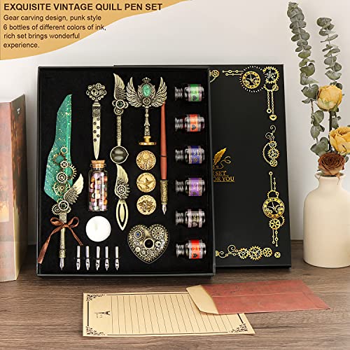 NC Quill Pen and Ink Set, Feather Calligraphy Pen Set, Wax Seal Stamp Set, Valentine's Day Gift for Writing Lovers, Various Holiday Ideal Gift (Green) - color: Green