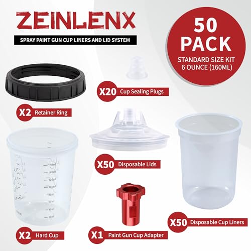 Disposable Paint Gun Cups for Spray Gun, 6oz(160ML) 50 Liners Kit | 50 Pack Disposable Liners and Lids For HVLP & LVLP Automotive Spray Gun, Car Painting, and Furniture - size: 6 ounce