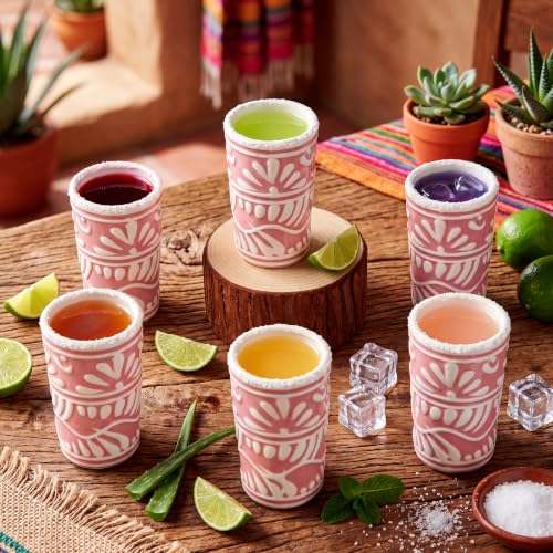 Gejoy 12 Pcs Mexican Tequila Shot Glasses Set 2 oz Talavera Handmade Ceramic Cups with Vibrant Hand-painted Pattern Mexican Pottery Gifts for Tequila Mezcal Lover Bachelorette Party Home Bar(Pink)