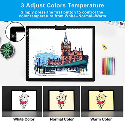 A3 LED Light Pad with Carry Bag, TOHETO Wireless Rechargeable Light Board with Stand and Top Magnetic Clip 3 Colors Stepless Dimmable 6 Levels Brightness Light Box for Diamond Painting Weeding Vinyl - style: A3 with Bag (Black)